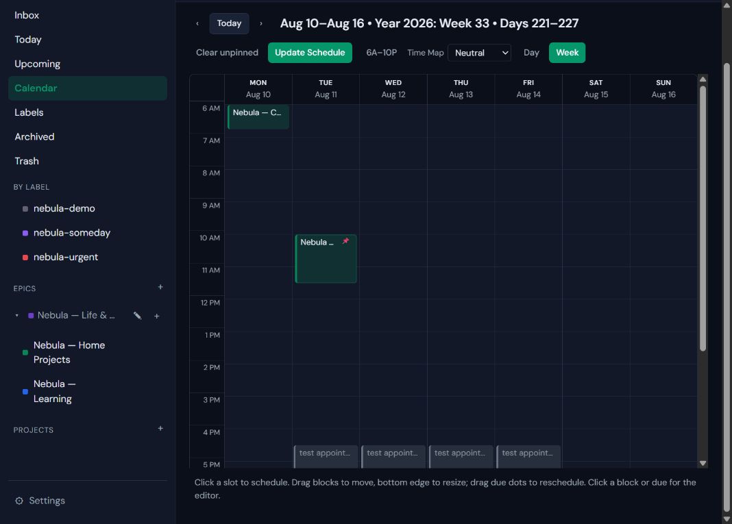 thePlan weekly calendar showing scheduled tasks, pinned work, and external busy-time blocks